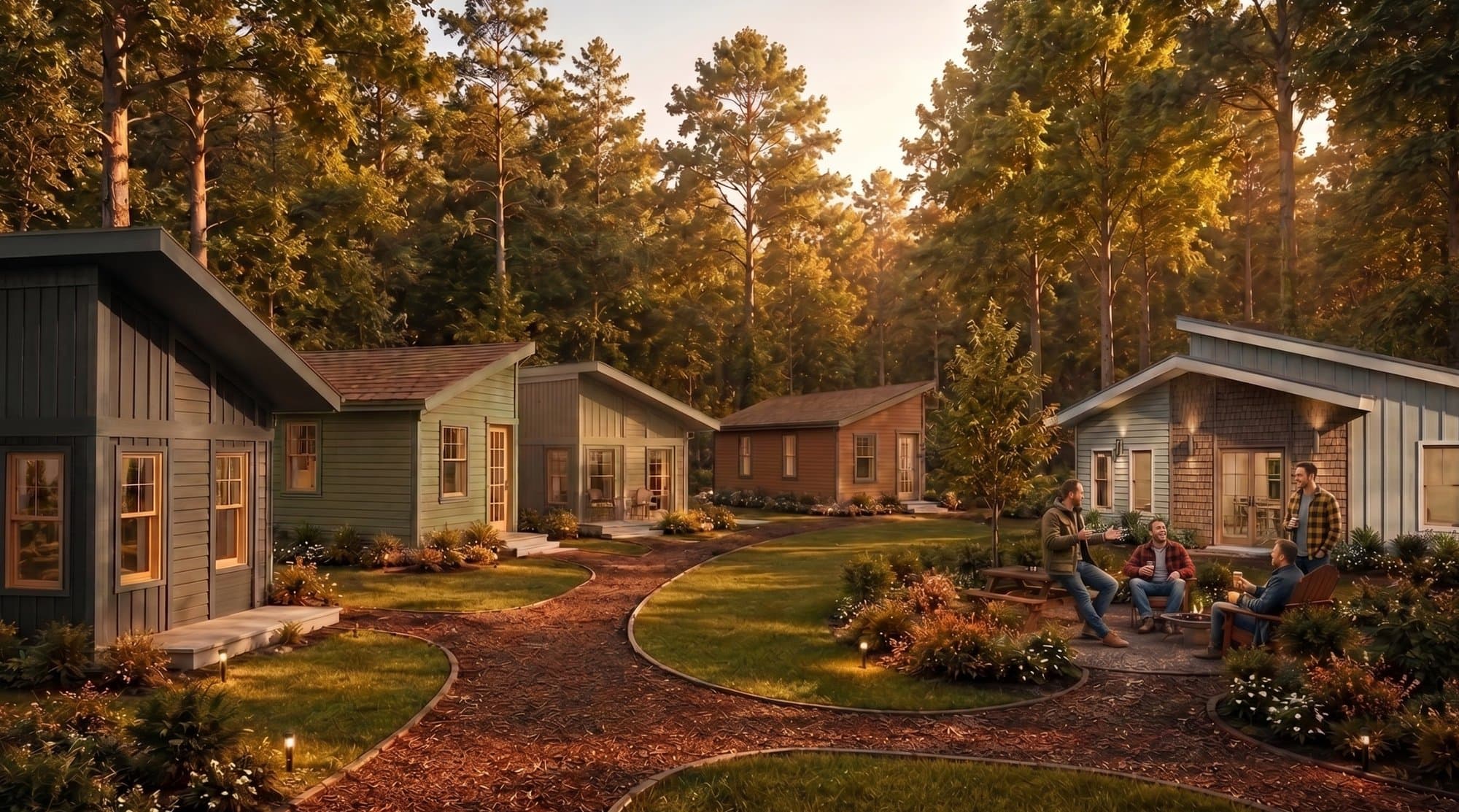Rendering of the planned Tiny Homes community at dusk, with residents gathered outside their homes